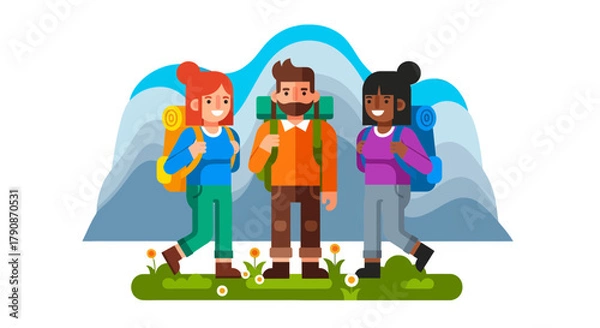 Fototapeta Adventurous Companions Hike Towards Majestic Peaks Under a Vibrant Sky with Joy