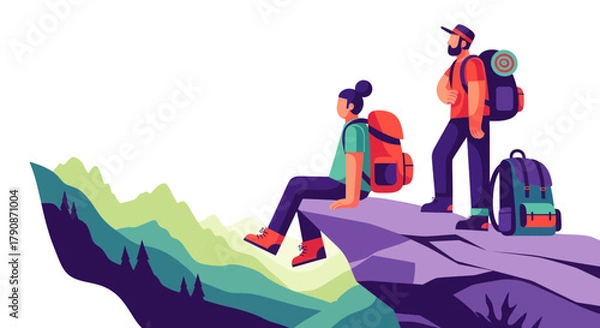 Fototapeta Adventurous Couple Enjoying Panoramic Vistas While Trekking Through Majestic Wilderness Areas