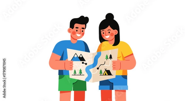 Fototapeta Adventurous Couple Examining a Map Together Planning a Scenic Journey Destination Search