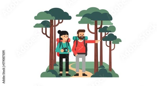 Fototapeta Adventurous Couple Explorers Embarking on a Forest Trail Journey with Photography Gear