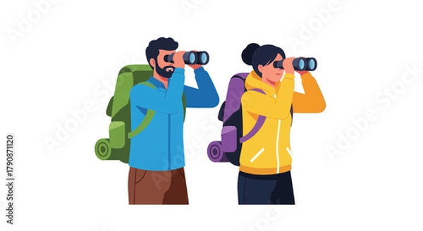 Obraz Adventurous Couple Exploring A Wilderness With Binoculars For Their Next Journey