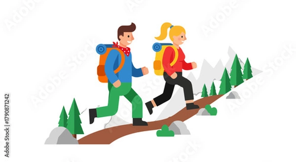Fototapeta Adventurous Couple Hiking Up A Mountain Trail With Backpacks in a Modern Style