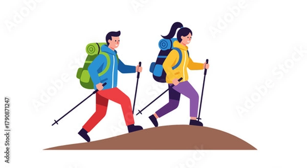 Fototapeta Adventurous Couple Hiking Up A Hillside With A Backpack Experiencing Nature