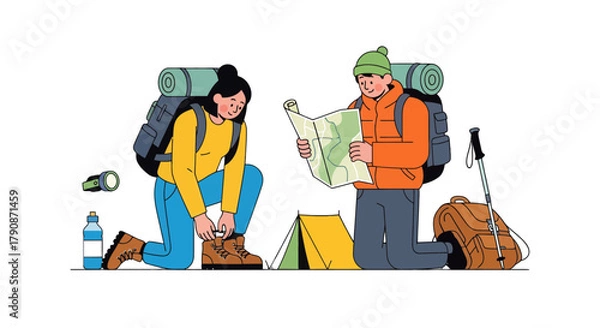 Obraz Adventurous Couple Planning Next Journey While Kneeling And Inspecting A Map