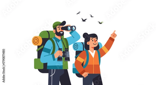 Obraz Adventurous Couple Observing Wildlife, Discovering Nature and Experiencing Outdoors Adventures