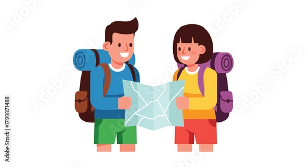 Obraz Adventurous Couple Planning Trip Holding Map Outdoors With Backpacks And Smiles