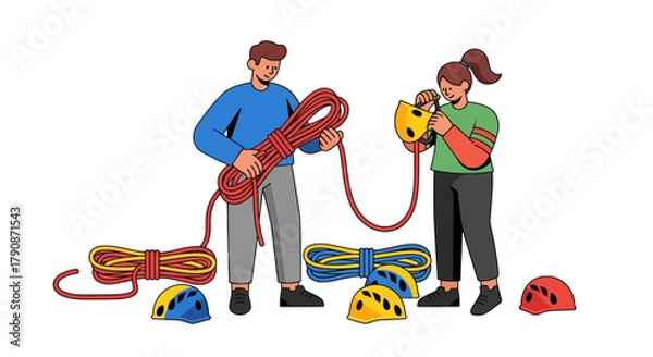 Obraz Adventurous Couple Prepares Climbing Gear For Expedition Against Black Background