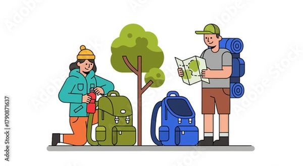 Fototapeta Adventurous Couple Ready For Hiking Exploring Nature With Backpacks And A Map