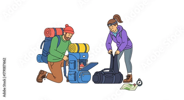 Fototapeta Adventurous Couple Readying Their Gear for a Journey into the Wilderness Together