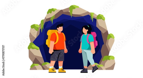 Obraz Adventurous Couple Standing At The Entrance Of A Mysterious Dark Cave In A Graphic Style