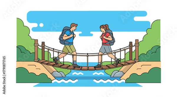 Fototapeta Adventurous Couple Traversing a Suspension Bridge Amidst Natural Greenery Illustration