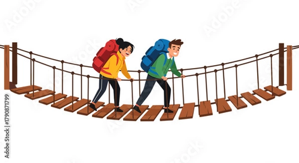 Fototapeta Adventurous Couple Traversing a Suspension Bridge with Backpacks Against Black Background