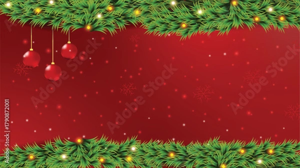 Obraz Realistic Christmas Background with Pine Garland, Glowing Fairy Lights, and Hanging Orbs - Festive Holiday Decoration for Warm Winter Celebrations