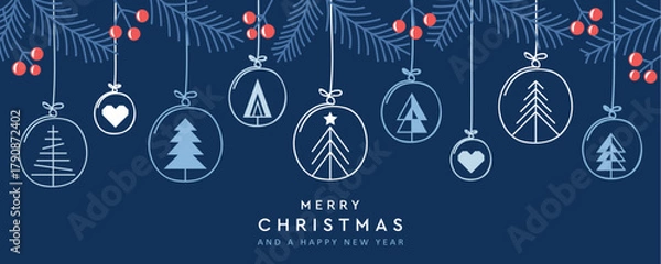 Fototapeta merry christmas card with hanging decoration in form of tree and heart vector illustration