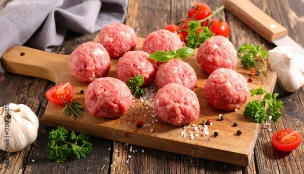 Obraz Raw meatballs sit on a wooden board with tomatoes, herbs, and a spatula on a weathered wooden surface