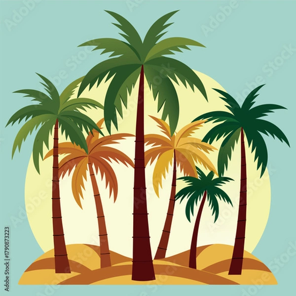 Fototapeta Tropical palm tree pattern with sunset colors and beach background