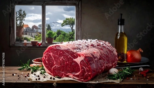Obraz Raw prime rib on wooden table, window in background. Scenic outdoor view of buildings and trees