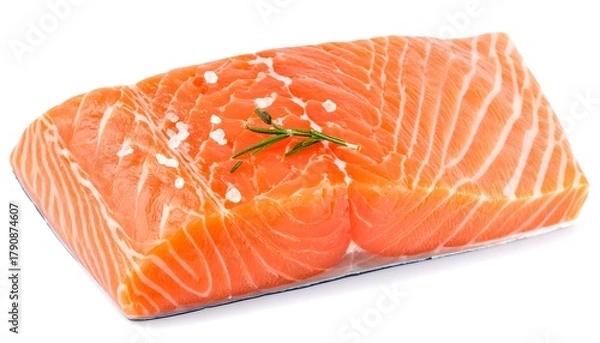 Obraz Raw salmon fillet topped with salt crystals and a small rosemary sprig against a stark white background