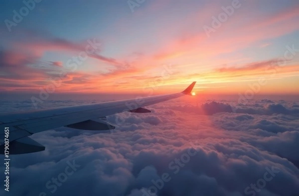 Obraz an airplane wing against the sky with the setting sun