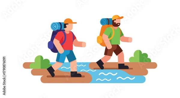 Fototapeta Adventurous Explorers Traversing a Stream in Scenic Nature Illustration  Design