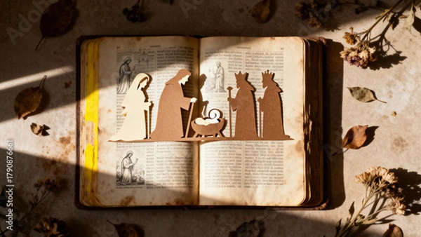 Obraz Nativity scene silhouette on open book surrounded by autumn leaves  