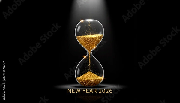 Obraz Hourglass with golden sand symbolizing New Year 2026 concept  