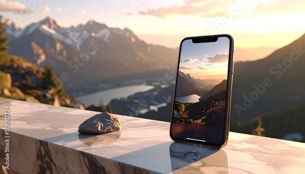 Obraz Phone showing lake view, sits on a marble ledge against mountain backdrop at sunset, with rock near