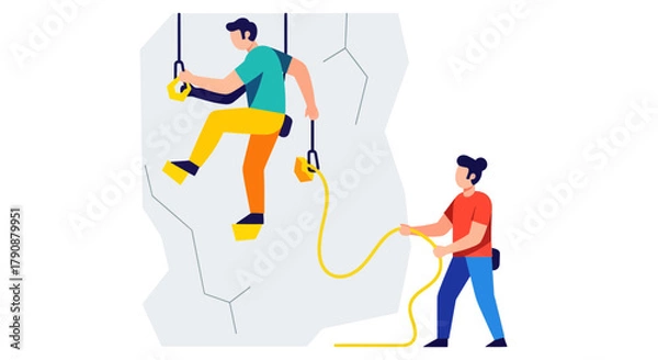 Obraz Adventurous Rock Climbers Ascending and Ensuring Safety, Vector-Illustrated Design.