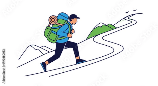 Obraz Adventurous Traveler Ascending Mountain Path: A Journey Through Nature's Serene Beauty