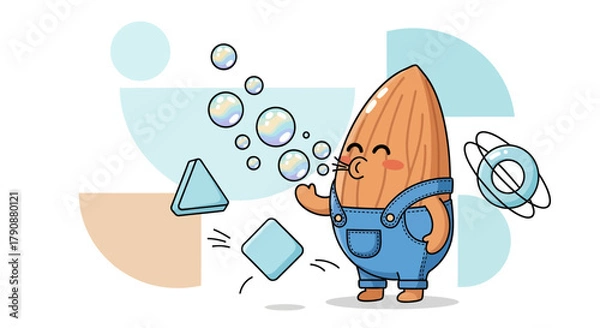 Obraz Almond Character Blowing Bubbles With Floating Shapes, Cute Cartoon Art, Illustration