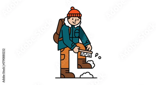 Obraz Adventurous Traveler Cleaning Snow Off His Boots Before Setting Out On Expedition