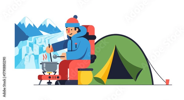 Obraz Adventurous Traveler Cooking In The Wild Next To A Tent And A Beautiful Mountain View