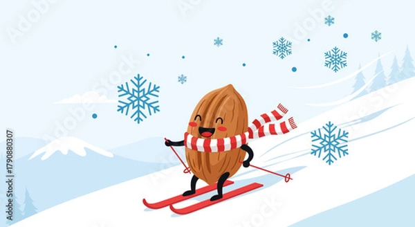 Obraz Almond Enjoying Winter Sports on Snowy Mountain Slope with Festive Snowflake Decorations