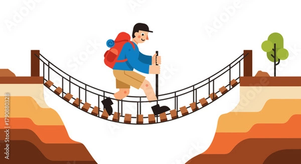 Obraz Adventurous Traveler Crossing Suspension Bridge During A Hiking Expedition