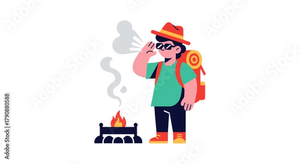 Obraz Adventurous Traveler Gazing At Campfire and Smoke in a Minimalist Vector Style
