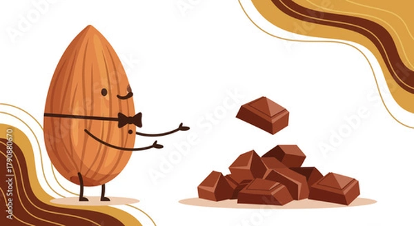 Obraz Animated Almond Character With A Bowtie Welcoming A Pile Of Chocolate Chunks Delightfully