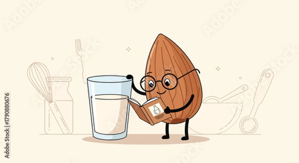 Obraz Animated Almond Character Reading Recipe Book Beside A Glass Of Milk Composition