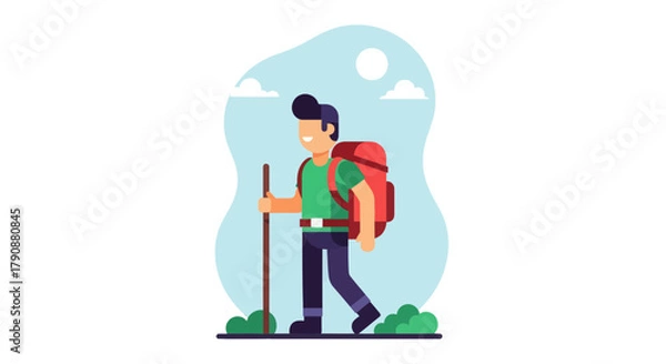 Obraz Adventurous Traveler Hiking a Mountain Trail Vector Illustration in Graphic Style