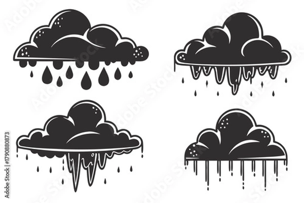 Obraz Cartoonish Black Clouds Dripping Rain and Icicles on White Background weather