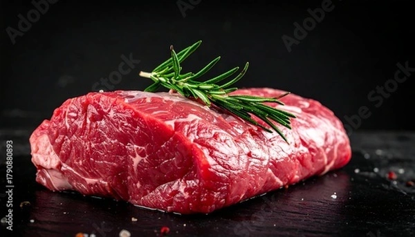 Obraz Raw red meat cut, garnished with rosemary, sits on a slate plate against a dark background, accented with salt