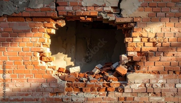 Obraz Rectangular hole in a red brick wall, revealing a dark interior with some debris