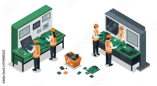 Fototapeta Isometric electronics workshop with engineers assembling circuit boards