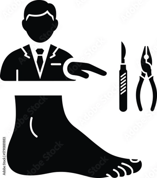 Obraz Podiatrist pointing at foot with scalpel and pliers icons human foot medical