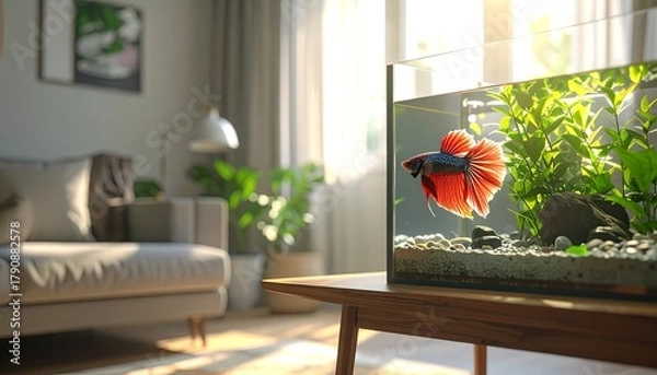 Obraz Red & blue betta fish swims in a bright tank with plants. Living room with sofa visible. Sunny