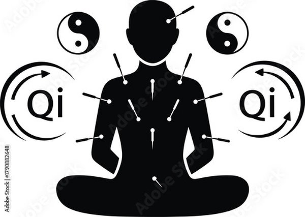 Obraz Silhouette of person with acupuncture needles and Qi symbols human body