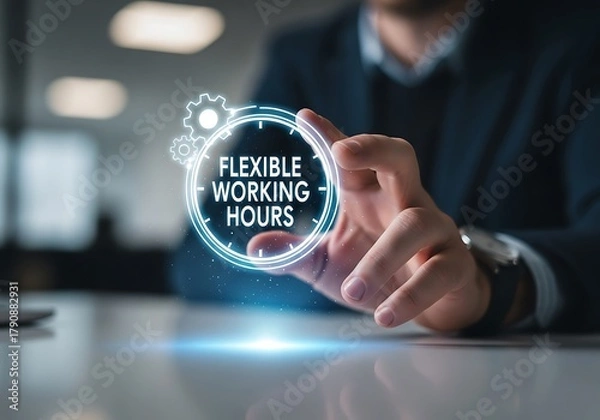 Fototapeta A businessman is selecting the flexible working hours icon on a virtual screen, representing the modern work culture and the importance of worklife balance in todays fastpaced world