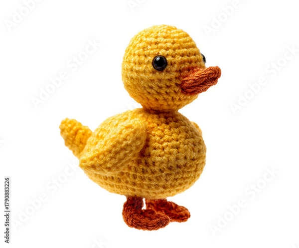 Fototapeta Handmade crocheted yellow duck toy on a transparent background, cut out