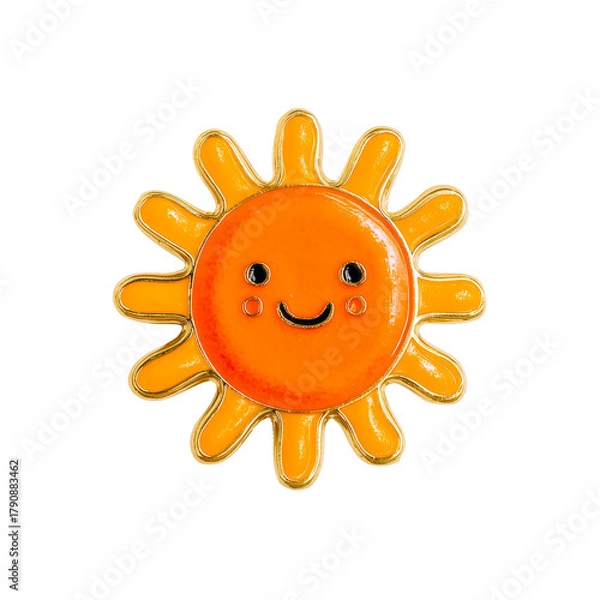 Fototapeta Happy Sun Face Enamel Pin on a transparent background, cut out