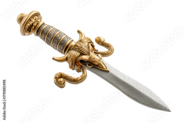 Fototapeta Ornate ancient golden dagger with intricate carvings on a transparent background, cut out