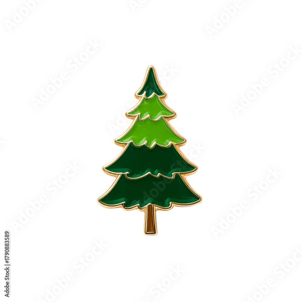 Fototapeta Green Pine Tree Shaped Enamel Pin with Gold Border on a transparent background, cut out